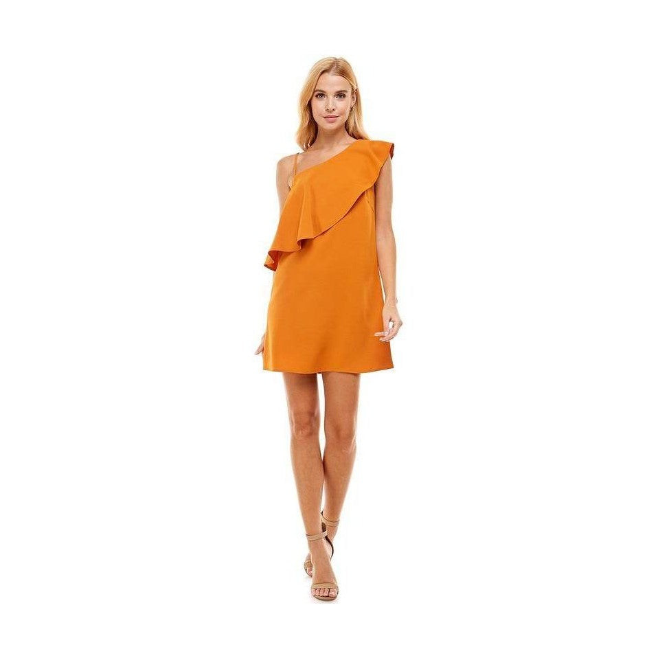 TCEC Women's Orange Vacation Style Dress with Asymmetrical Ruffle Design and One Shoulder Cut
