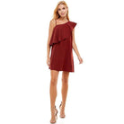 TCEC Women's Vacation Style Dress in Burgundy with One Shoulder Ruffle Detail