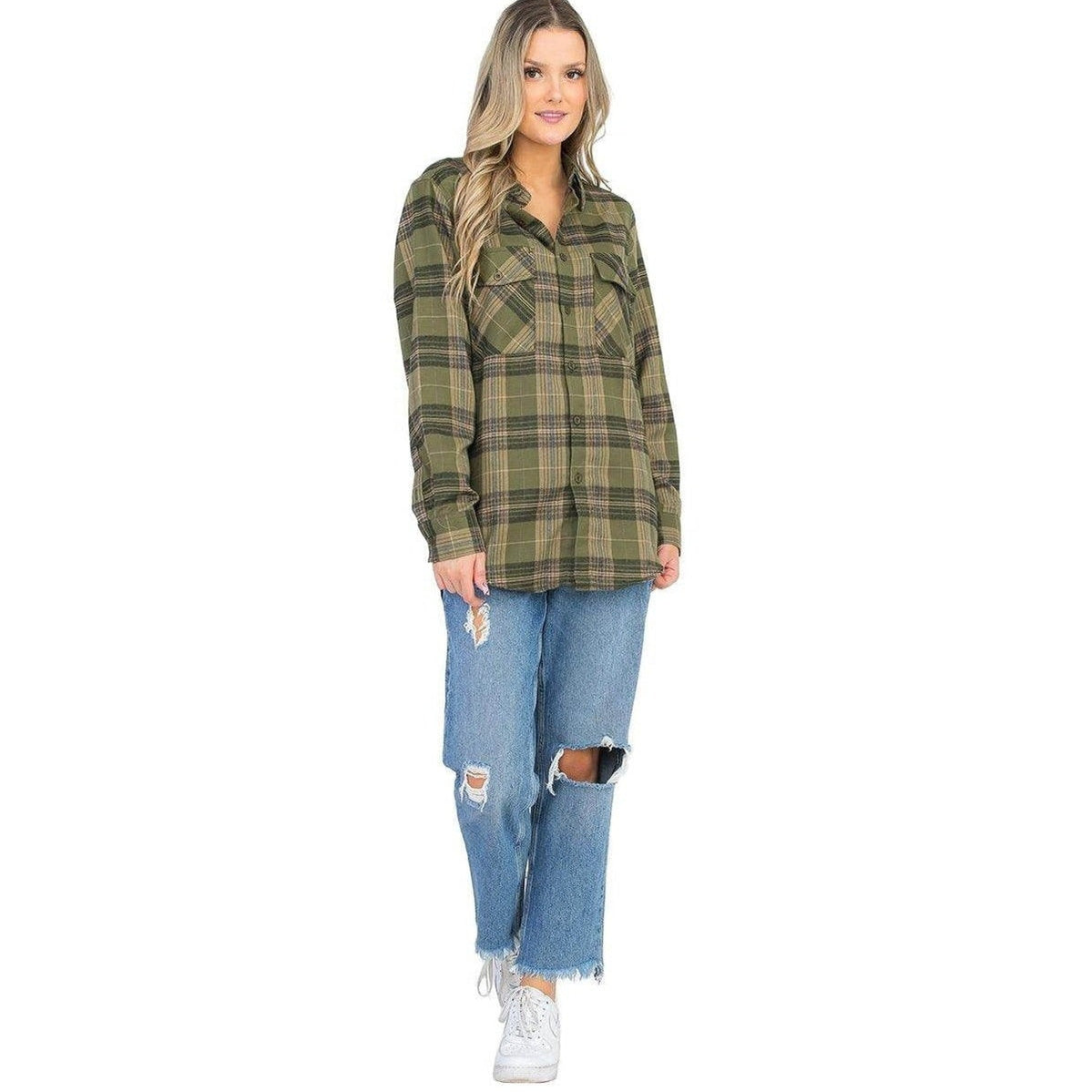 Women's VacationGrabs vacation style flannel shirt in green plaid with pockets for a relaxed look