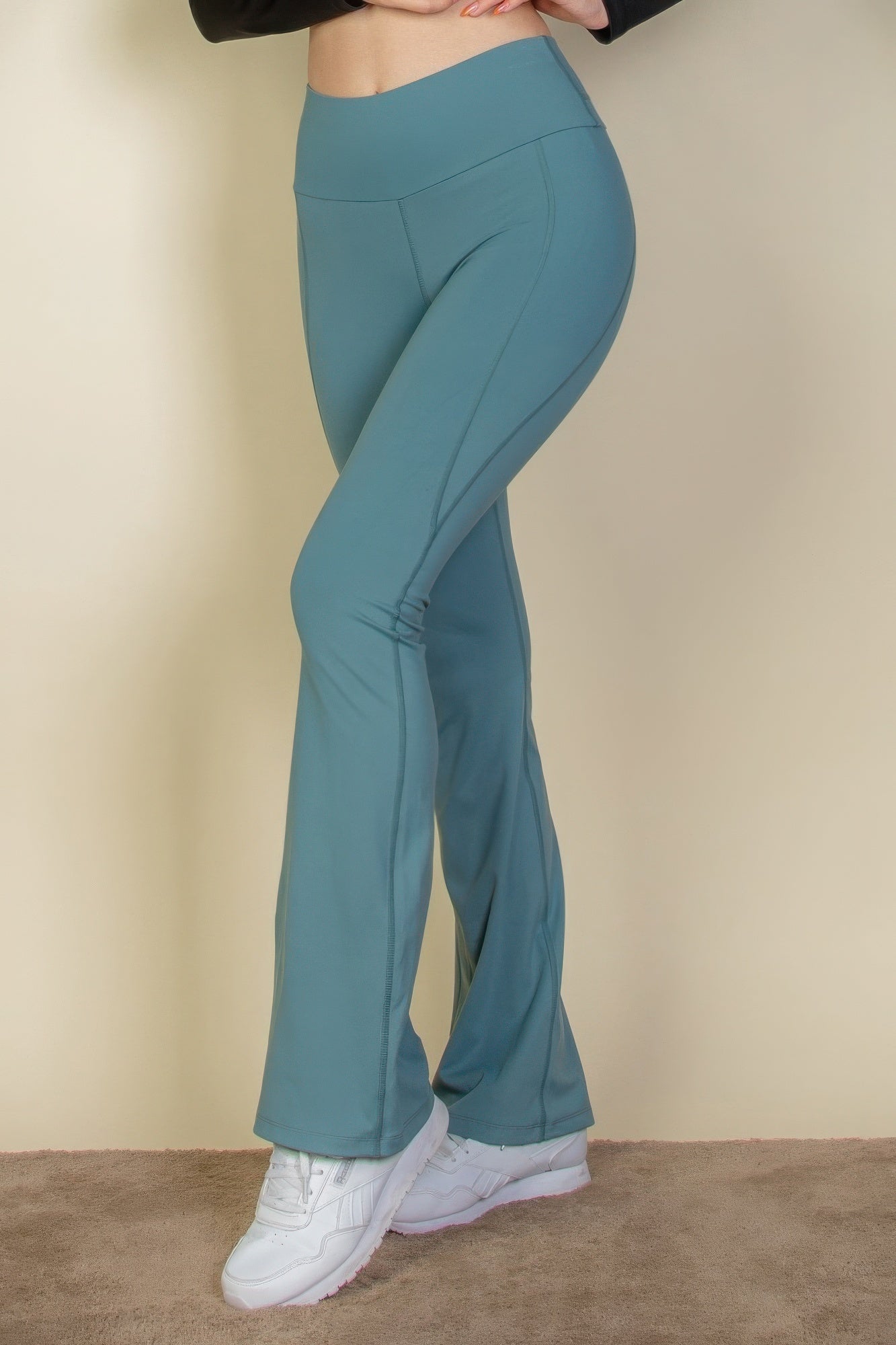 VacationGrabs women's vacation style flare leg trousers in teal with a high waist and comfortable fit