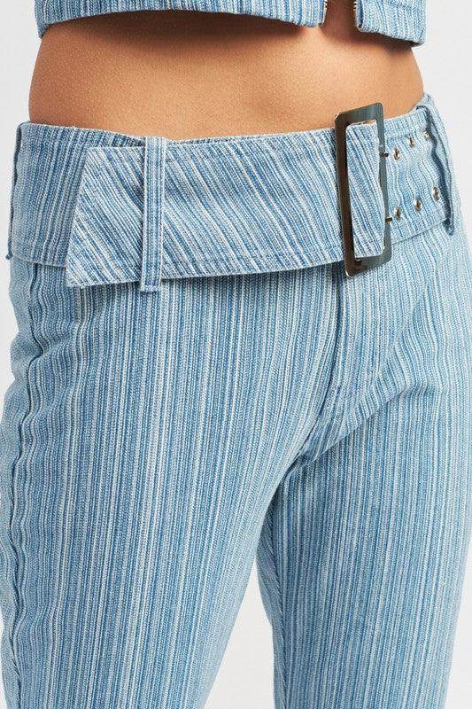 Emory Park women's vacation style flared jeans with a stylish striped design and unique belt detail