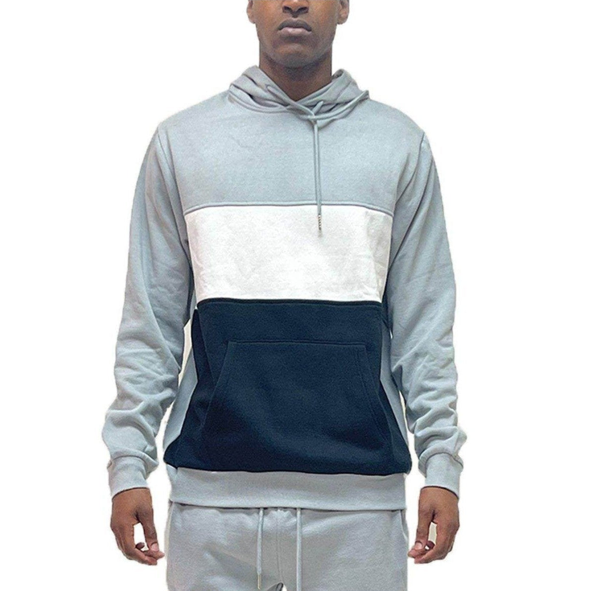 Men's vacation style hoodies in gray, white, and black color block design with front pocket