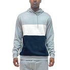 Men's vacation style hoodies in gray, white, and black color block design with front pocket