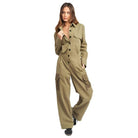 Emory Park Women's Vacation Style Jumpsuit in Olive Green with Button Closure and Cargo Pockets