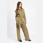 Emory Park women's vacation style jumpsuit in olive green with button details and pockets