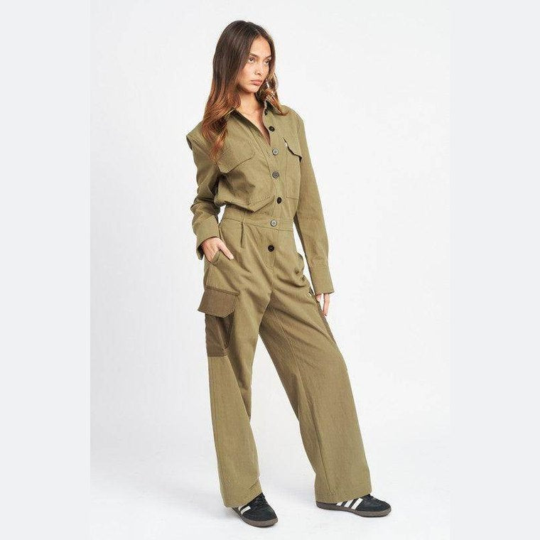 Emory Park women's vacation style jumpsuit in olive green with button details and pockets