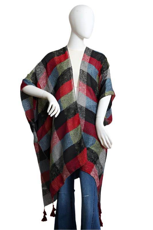 Colorful Leto Accessories vacation style kimono with geometric patterns and tassel details