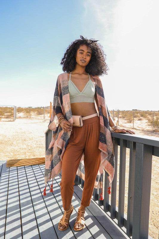 Stylish women's vacation style kimono in pink and gray patterns for a trendy summer look