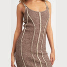 Emory Park vacation style mini dress in brown with stylish striped pattern and fitted design