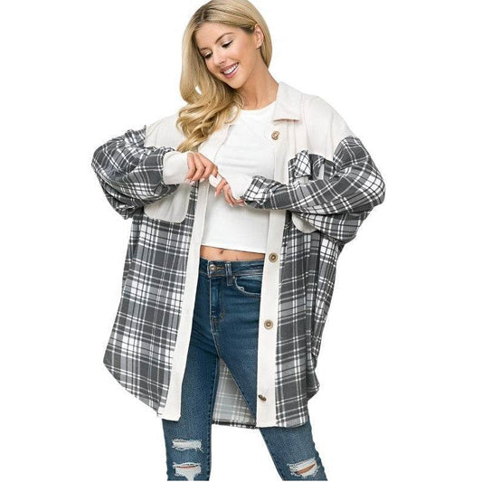Orange Farm Clothing Women's Shacket in plaid pattern, ideal vacation style outerwear for casual looks