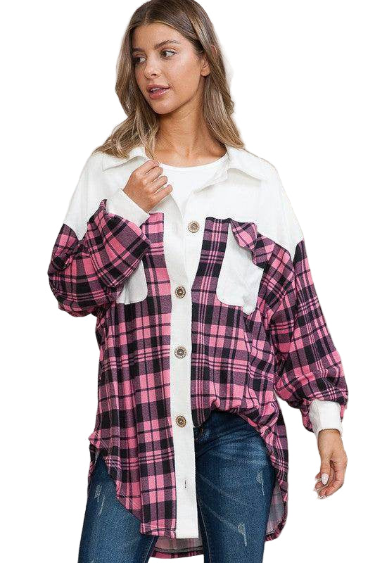 Orange Farm Clothing Women's Shacket in Pink Plaid for Vacation Style Outerwear