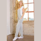 Women's vacation style overalls in gray featuring a relaxed fit and pockets for casual comfort