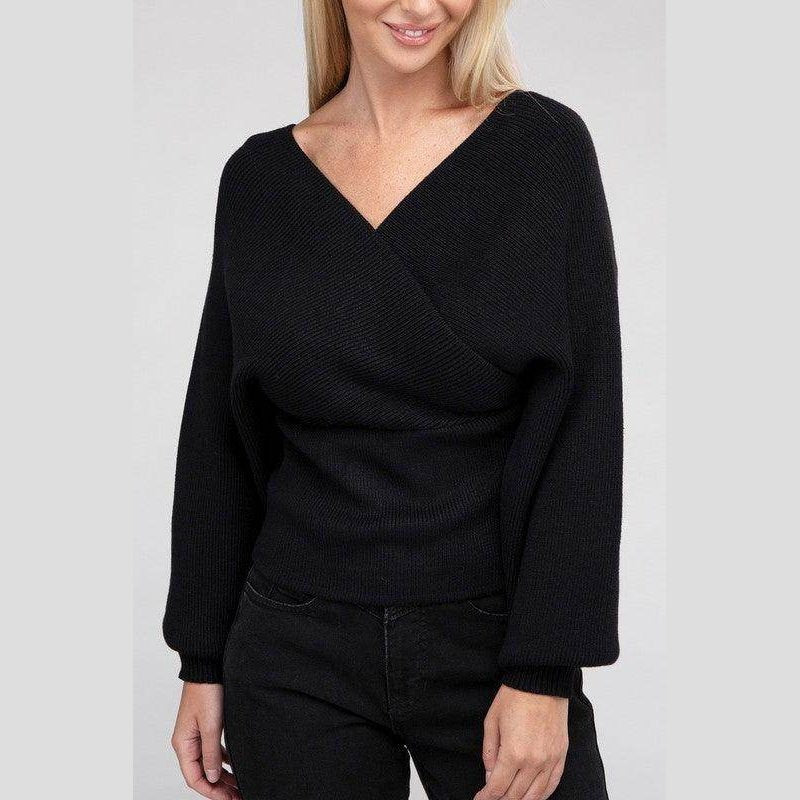 ZENANA Women's Black Vacation Style Pullover Sweater with V-Neck and Long Sleeves