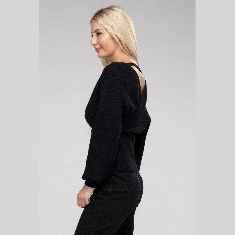 Black ZENANA vacation style pullover sweater with open back and cozy fit for casual outings