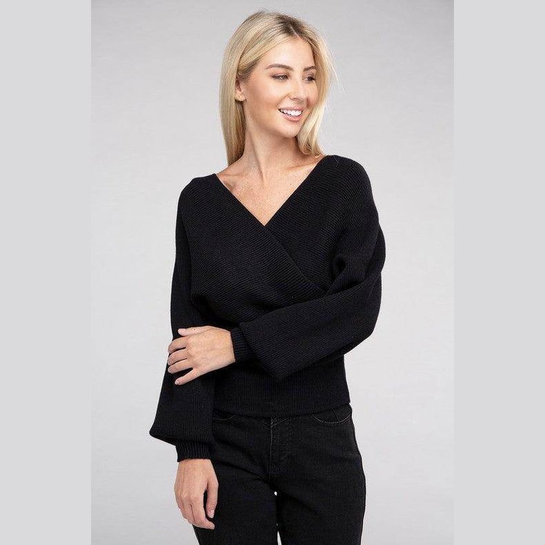 ZENANA vacation style pullover sweater in black with a stylish V-neck and comfortable fit