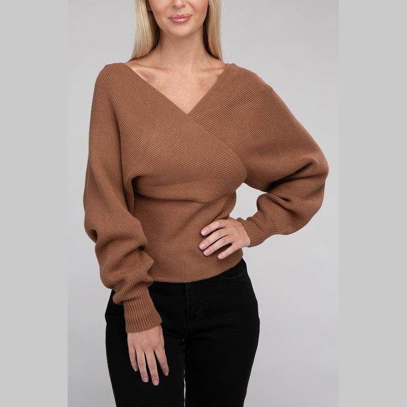 ZENANA Women's vacation style pullover sweater in brown with a trendy wrap design and puffed sleeves