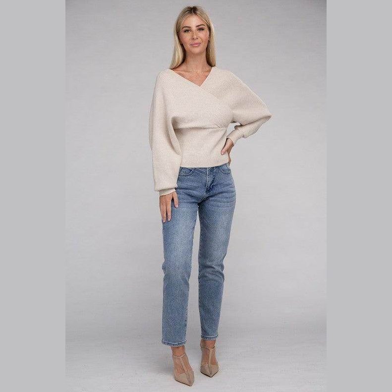 ZENANA vacation style pullover sweater in neutral color, paired with high-waisted jeans for a chic look