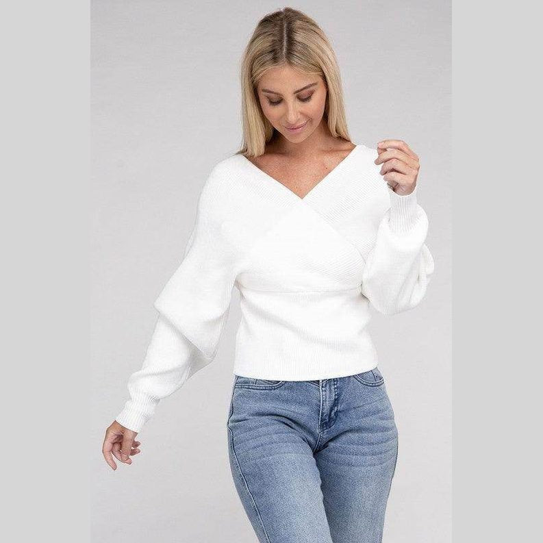 ZENANA Women's vacation style pullover sweater in white with a stylish wrap design and balloon sleeves