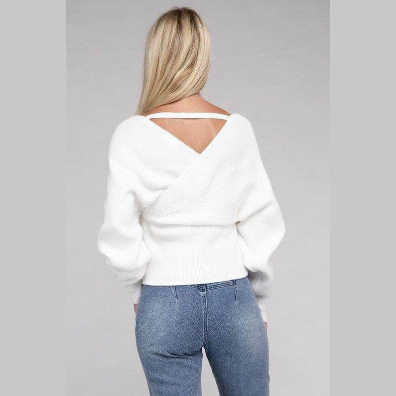 ZENANA Women's Vacation Style Pullover Sweater in white with stylish back design and balloon sleeves