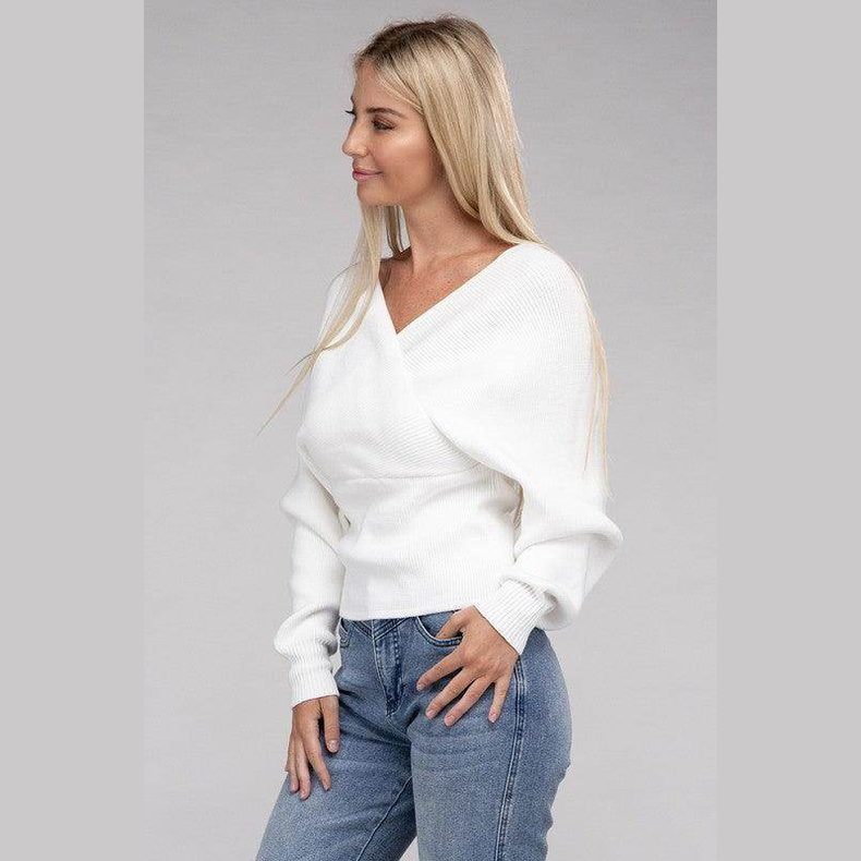 White ZENANA vacation style pullover sweater with a V-neck and relaxed fit for casual outings