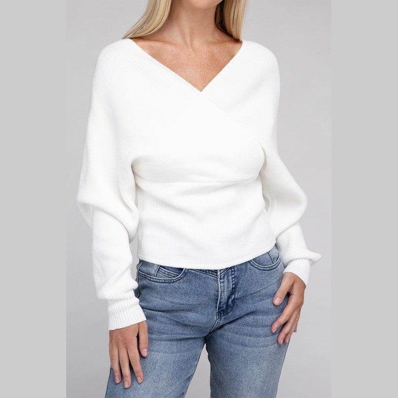 ZENANA Women's vacation style pullover sweater in white with stylish v-neck design and relaxed fit
