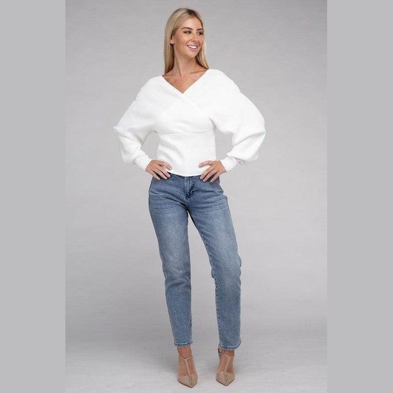 ZENANA women's white vacation style pullover sweater with puff sleeves and a stylish V-neck