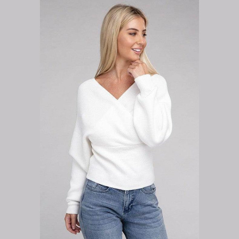 Zenana women's vacation style pullover sweater in white, featuring a stylish V-neck design