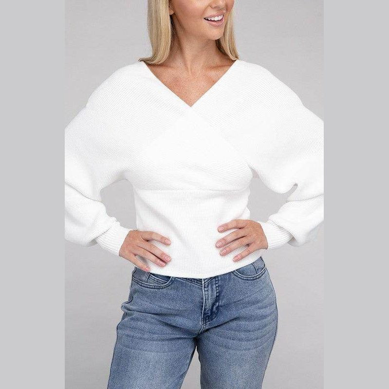 ZENANA Women's vacation style pullover sweater in white with a v-neck and balloon sleeves