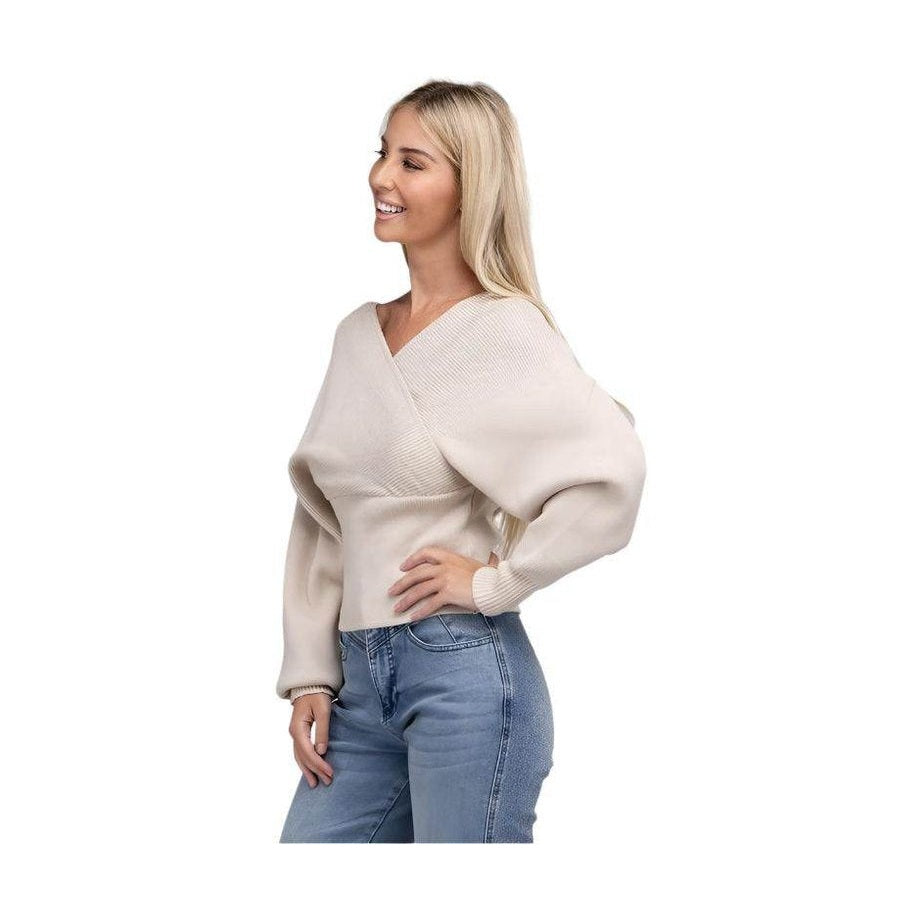 ZENANA Women's vacation style pullover sweater in beige with a stylish cross-over design