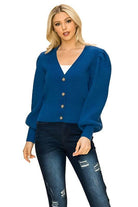 Andante USA Women's Vacation Style Sweater in Blue with Button Front and Puff Sleeves