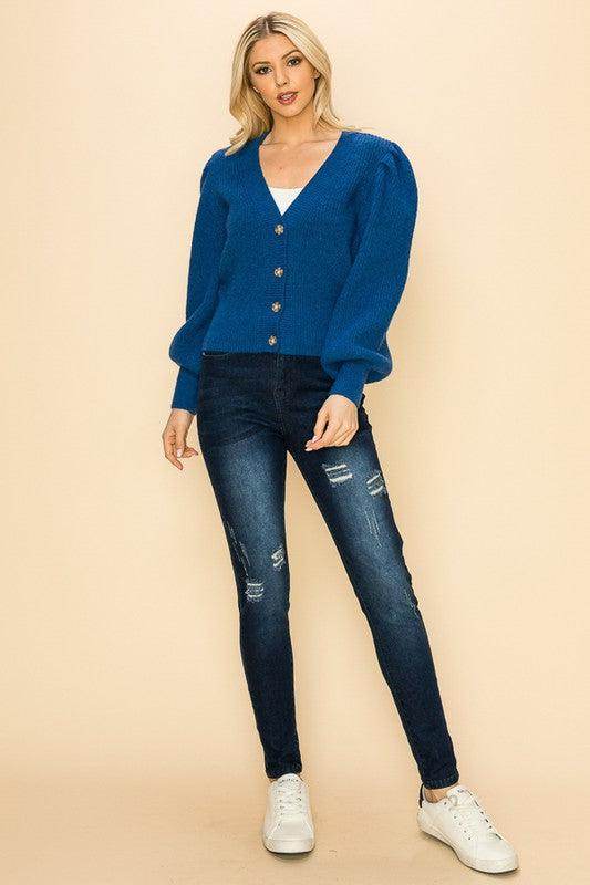 Andante USA Women's Vacation Style Sweater Cardigan in Blue with Button Front Design
