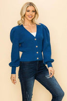 Andante USA women's vacation style sweater in blue with puff sleeves and button closure