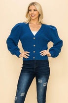 Andante USA Women's Vacation Style Sweater Cardigan in Blue with Puff Sleeves and Button Front