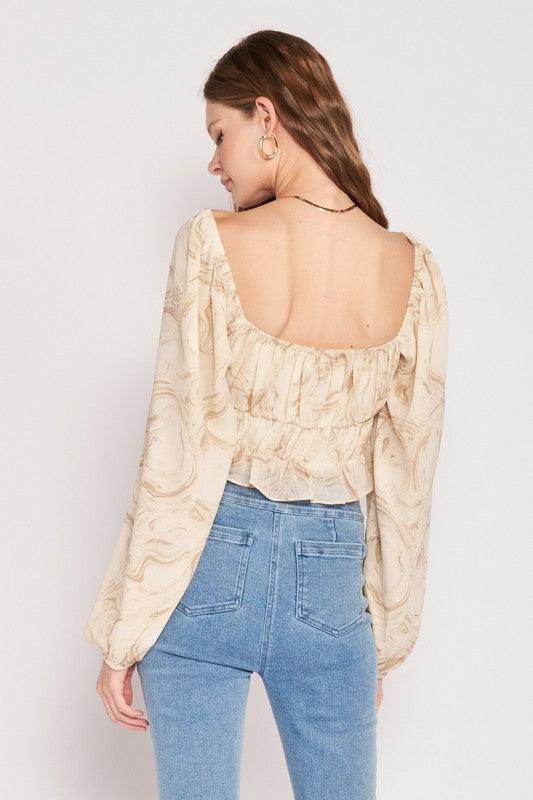 Emory Park Women's Beige Vacation Style Tops with Puff Sleeve and Back Detail for Casual Days