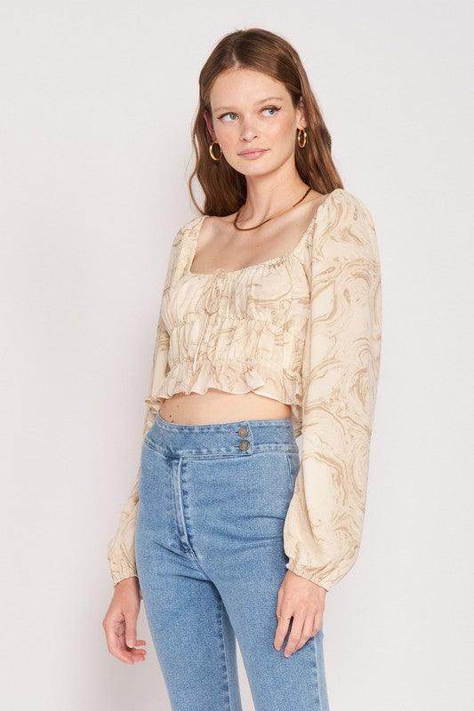 Emory Park Women's Cropped Blouse with Balloon Sleeves in Beige, perfect for vacation style tops