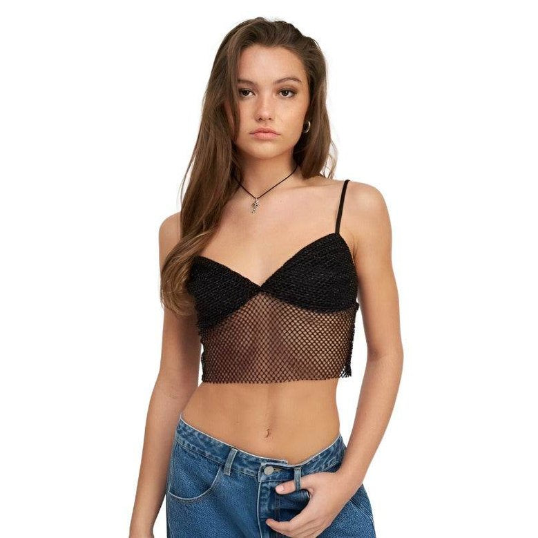 Emory Park Black Cropped Top with Fishnet Design for Stylish Vacation Style Tops