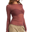 Emory Park Women's Sheer Top in Maroon, perfect for vacation style tops with fitted design and long sleeves