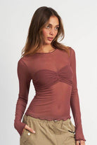 Emory Park Women's Sheer Long Sleeve Top in Rust for trendy vacation style tops