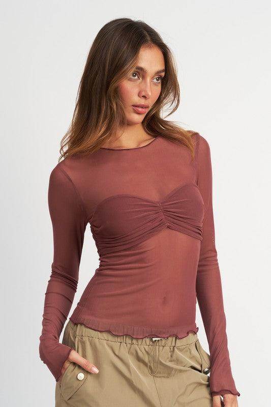 Emory Park Women's Sheer Long Sleeve Top in Rust for trendy vacation style tops