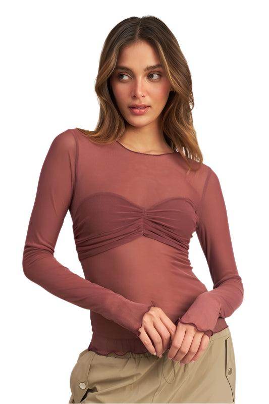 Emory Park Women's Sheer Long Sleeve Top in Mauve, perfect for vacation style tops