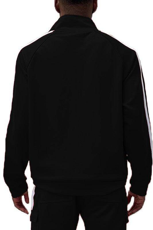 Men's WEIV vacation style track jacket in black with contrasting white stripes on sleeves