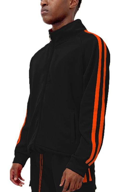 WEIV Men's Black Vacation Style Track Jacket with Orange Stripes for Casual Wear