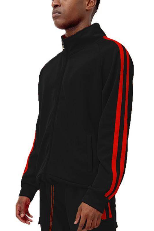WEIV Men's Vacation Style Track Jacket in Black with Red Stripes for Casual Wear