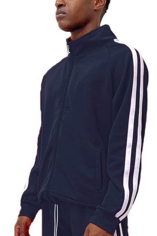 WEIV men's vacation style track jacket in navy blue with contrasting white stripes for a sporty look