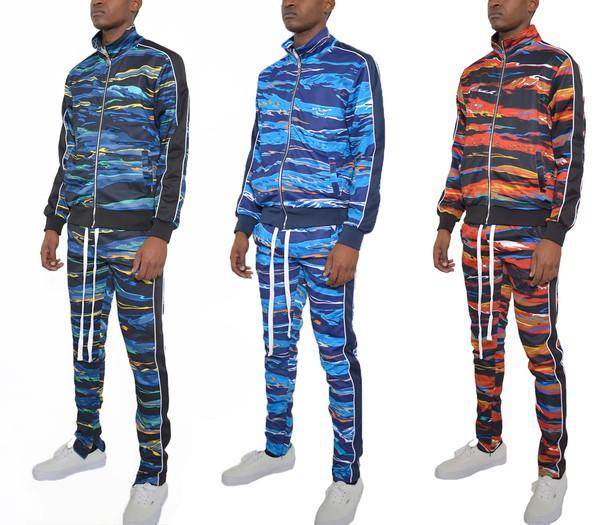 Men's 2PC Track Sets in camo styles, perfect for a vacation style track suit
