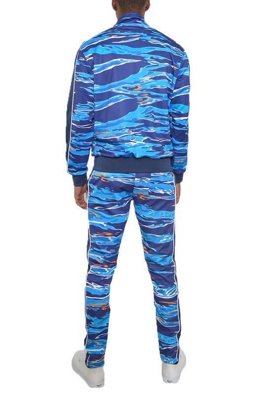 Men's 2PC Track Set in Blue Camouflage for a stylish vacation style track suit