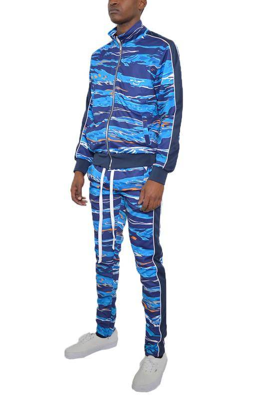 Men's 2PC Track Set by WEIV in Blue Camouflage, perfect for vacation style track suit