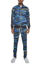 WEIV Men's 2PC Track Set in Blue Wave Pattern for Vacation Style Track Suit