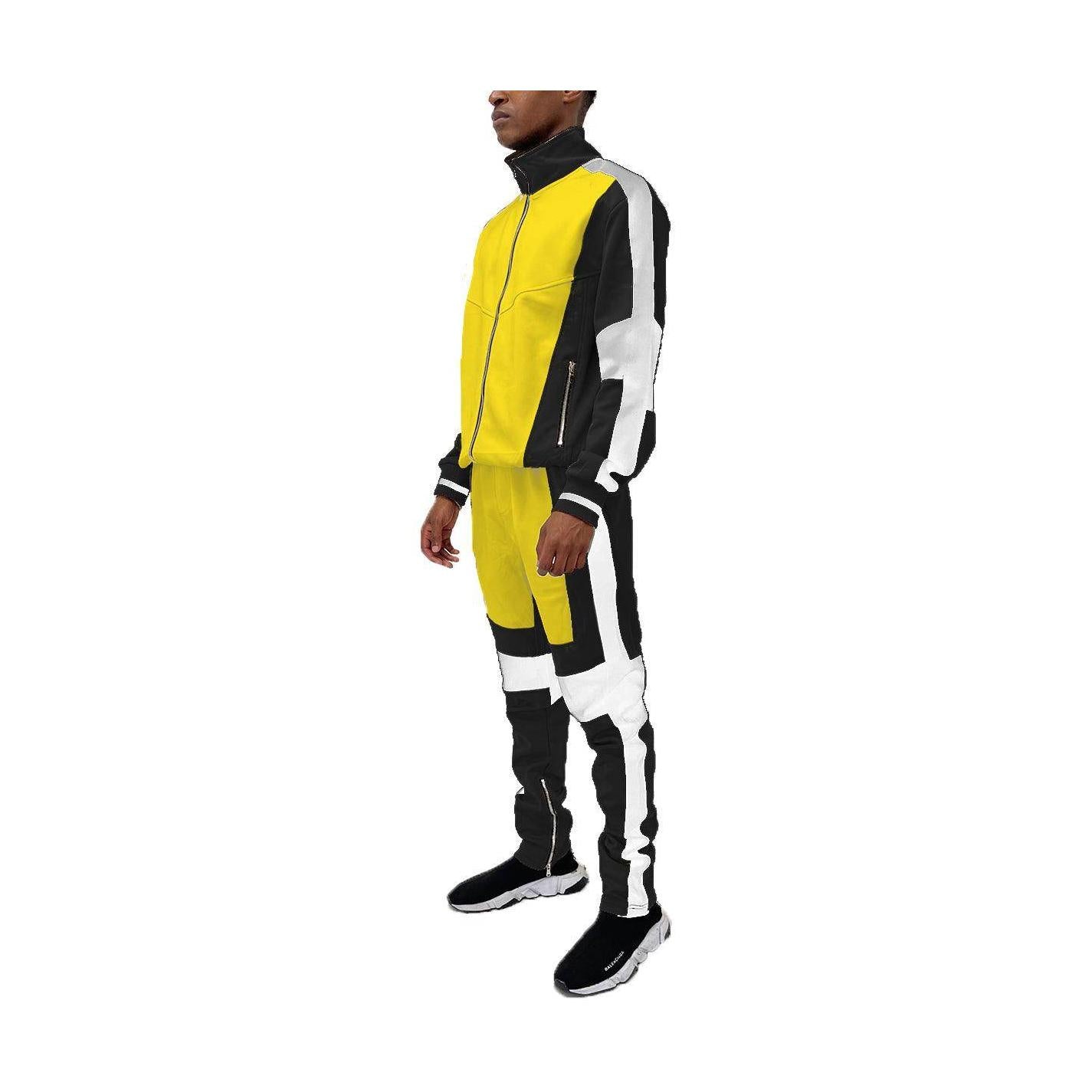 Vacation style tracksuit men in yellow and black design for casual, sporty outings