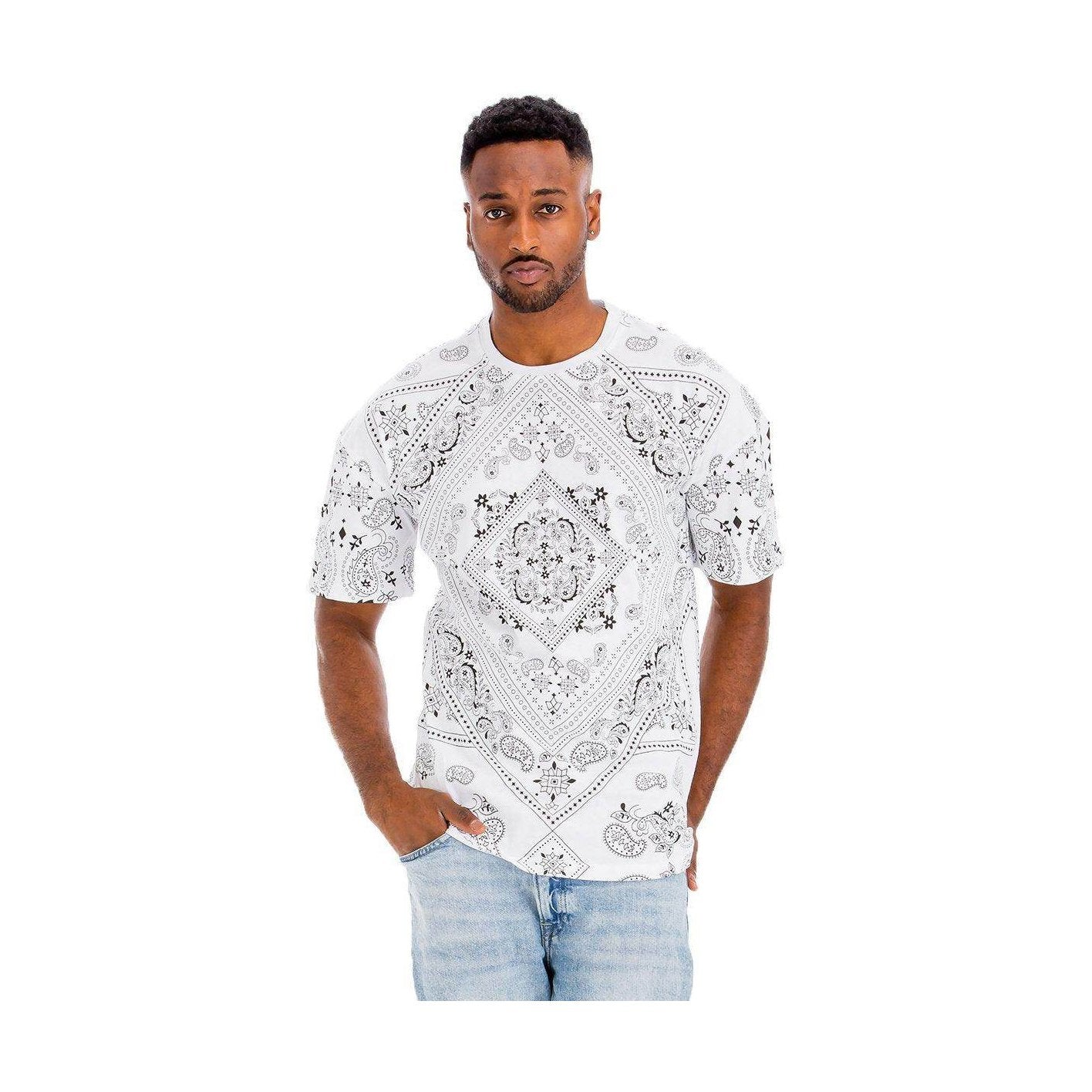 Stylish Vacation Style Tshirt Men in White with Bold Pattern for Casual Summer Outfits